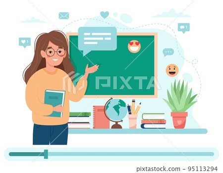 Webinar online education. Female teacher explaining, video on screen. School and online learning concept, Cute vector illustration in flat cartoon style 95113294