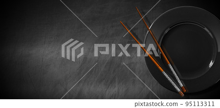 Template for Sushi Menu - Black Plate and Chopsticks on Empty Blackboard 95113311