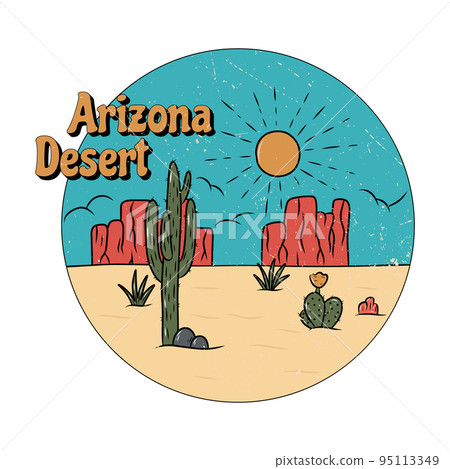 Arizona desert vibes with cactus and mountain. Print design for apparel, stickers, t shirt and others. Retro vintage illustration. 95113349
