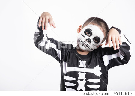Portrait of Asian little kid boy wearing skeleton costume Portrait of Asian little kid boy wearing skeleton costume 95113610