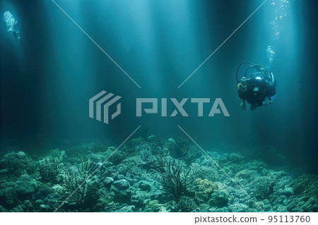 Underwater diver swimming in ocean over coral reef. Sea water depth background with exotic marine nature. Extreme sport activity, undersea world discovery and snorkeling concept 95113760