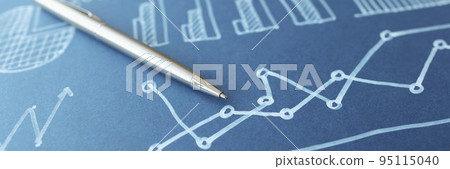 Ballpoint pen lying on document with graphs and charts on blue paper closeup 95115040