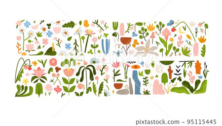 Hand drawn vector abstract graphic clipart illustrations collection set of composition with abstract boho nature shapes of blossom flowers and tropical leaves.Modern nature design.Botanical garden. 95115445