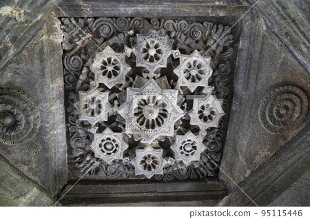 Carved ceiling of the Mahadeva Temple, (Tambdi Surla) a 12th-century Shaivite temple built in the Kadamba style from basalt. Near Bhagwan Mahaveer Wildlife Sanctury, Sanguem, Surla, Goa 95115446