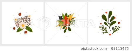 Hand drawn vector abstract graphic Merry Christmas and Happy new year clipart illustrations greeting card set with flowers and leaves.Merry Christmas cute floral design background.Winter holiday art. 95115475
