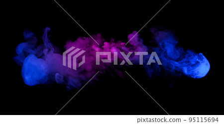 Swirling neon blue and purple multicolored smoke puff cloud design element isolated on black Swirling neon blue and purple multicolored smoke puff cloud design element isolated on black 95115694
