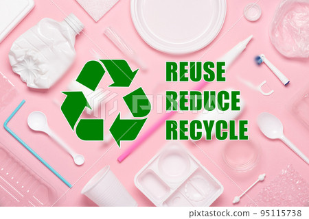 Plastics with recycling symbol and reuse reduce recycle text 95115738
