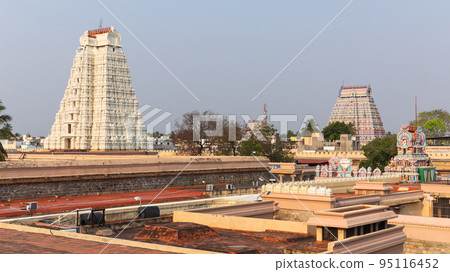 View of Vellai Gopuram and East Gopuram, Srirangam Temple, Tamilnadu, India. 95116452