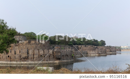 Vellore Fort walls  and moat.  Fort was built by Chinna Bommi Reddy and Thimma Reddy Nayak in 16th Century under the Vijayanagar Empire, Vellore, Tamilnadu, India. 95116516