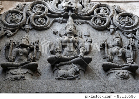 Beautifully carved idols on the inner wall of the Bhuleshwar Temple, Yawat, Maharashtra, India 95116596