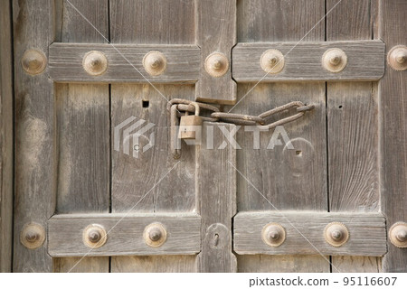 Close up of old wooden door, Darvaja, Wafgaon, Taluka Khed, Dist Pune 95116607