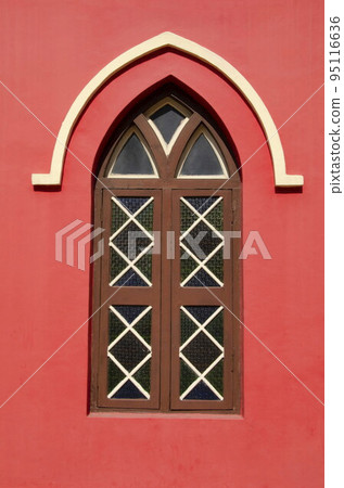 Decorative window of Centenary Methodist Church, Fatehgunj, Vadodara, Gujarat, India 95116636