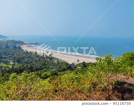 Aerial view of Vagator Beach from Chapora Fort ,Bardez, Vagator Beach Road, Goa, India.. Aerial view of Vagator Beach from Chapora Fort ,Bardez, Vagator Beach Road, Goa, India.. 95116730
