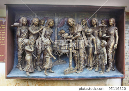 Naming ceremoney of Chatrapati Shivaji Maharaj, sculpture at Shiv Shrushti Garden, Aptale Rd, Junnar, Maharashtra, India 95116820