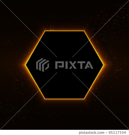 Gold hexagon shape with glow effect isolated on black background. Shiny glowing art frame. Golden luxury realistic border. Wedding, mothers or Valentines day concept. Xmas and New Year abstract Gold hexagon shape with glow effect isolated on black background. Shiny glowing art frame. Golden luxury realistic border. Wedding, mothers or Valentines day concept. Xmas and New Year abstract 95117334