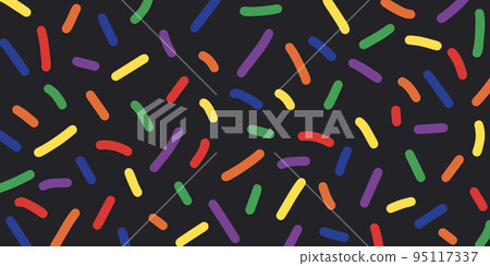 Cute abstract horizontal background with rainbow colored decorative sprinkles. Multi colored confetti on black backdrop. Pop art style textures. Vector design layout for banners presentations, flyers, Cute abstract horizontal background with rainbow colored decorative sprinkles. Multi colored confetti on black backdrop. Pop art style textures. Vector design layout for banners presentations, flyers, 95117337