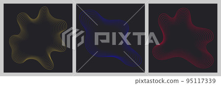 Set vector abstract background with colored dynamic linear waves. Fluid shape of neon lines on minimal style. Digital dark square template for social media posts, banner, web, email promotion, 95117339