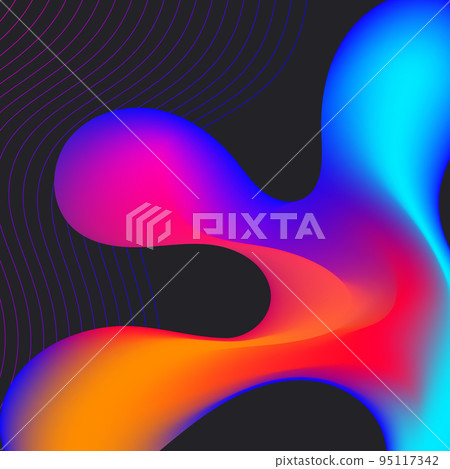 Bright neon color liquid 3D pattern. Abstract holographic gradient fluid background with organic shapes and lines. Transformation concept. Creative design for brochure cover, website template, 95117342
