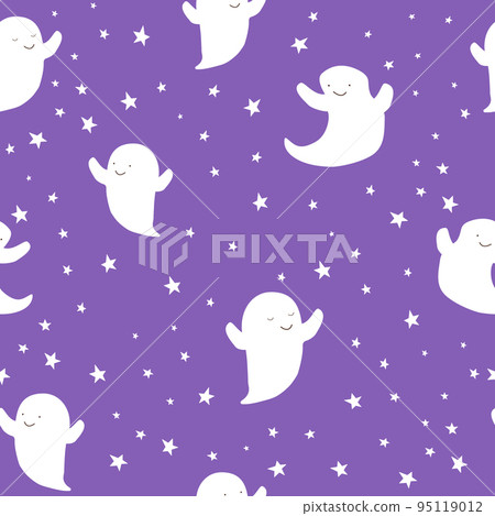 Cute Halloween white ghosts on coloful background decorated with stars, kids holiday seamless pattern. 95119012
