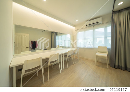 White luxury modern dressing room with mirror and storage. Interior and decoration at home or house, interior design. Lifestyle. White luxury modern dressing room with mirror and storage. Interior and decoration at home or house, interior design. Lifestyle. 95119157