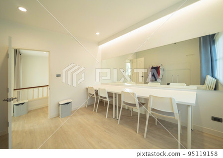White luxury modern dressing room with mirror and storage. Interior and decoration at home or house, interior design. Lifestyle. White luxury modern dressing room with mirror and storage. Interior and decoration at home or house, interior design. Lifestyle. 95119158