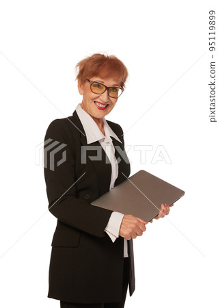 Portrait of confident senior executive manager. Stylish middle age woman in black business suit posing isolated on white background Portrait of confident senior executive manager. Stylish middle age woman in black business suit posing isolated on white background 95119899