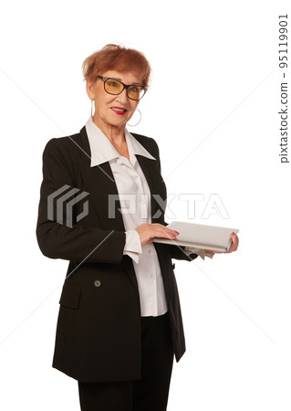Portrait of confident senior executive manager. Stylish middle age woman in black business suit posing isolated on white background Portrait of confident senior executive manager. Stylish middle age woman in black business suit posing isolated on white background 95119901