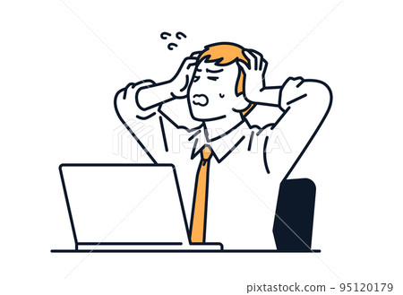 Vector illustration material of a businessman holding his head in front of a computer 95120179