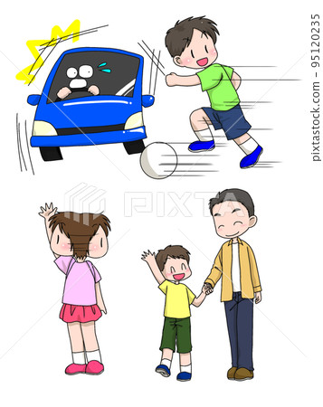 A child jumps out into the roadway or raises his hand carefully 95120235