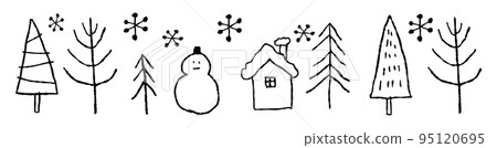 Hand drawn winter tree, snowman and house banner_black Hand drawn winter tree, snowman and house banner_black 95120695