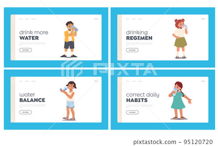 Children Refreshment Landing Page Template Set. Kids Drinking Clean Water. Little Boys and Girls Characters with Cups 95120720