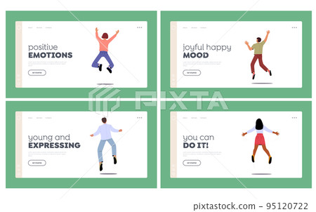Happiness Landing Page Template Set. Happy People Jumping Raising and Waving Hands Rear View. Young Characters Freedom Happiness Landing Page Template Set. Happy People Jumping Raising and Waving Hands Rear View. Young Characters Freedom 95120722