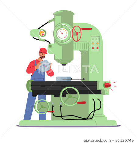 Machine Factory Worker Manufacture Production Process. Industrial Employee Character Working on Plant Produce Details 95120749
