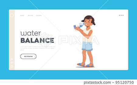 Water Balance Landing Page Template. Baby Drinking Clean Water. Little Child Character with Glass Enjoying Fresh Aqua 95120750