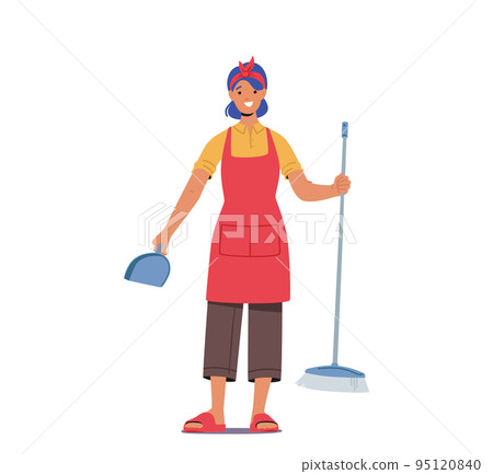 Home Routine, Household Duties in Living Room. Young Woman Doing Domestic Work, Cleaning Floor with Brush and Scoop 95120840