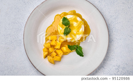 Panoramic top view panna cotta with natural vanilla pod, mango syrup and mint Panoramic top view panna cotta with natural vanilla pod, mango syrup and mint 95120986