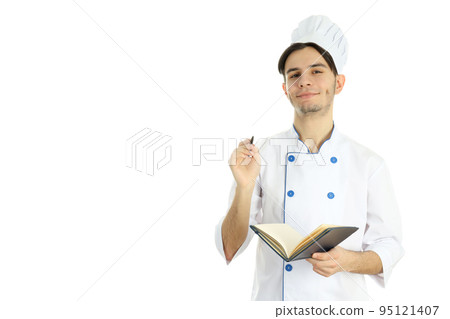 Concept of cooking, young man chef isolated on white background 95121407