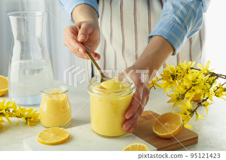 Concept of cooking tasty sweet food, lemon curd 95121423