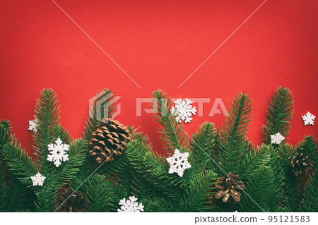Christmas background with fir branches and Christmas decor. Top view, copy space for text Christmas background with fir branches and Christmas decor. Top view, copy space for text 95121583