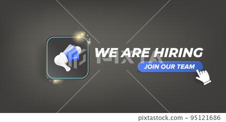 We are hiring advertising horizontal banner with a megaphone on grey background. Banner with a megaphone for promoting your announcement and Hiring recruitment open vacancy design template. We are hiring advertising horizontal banner with a megaphone on grey background. Banner with a megaphone for promoting your announcement and Hiring recruitment open vacancy design template. 95121686