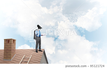 Concept of home security and privacy protection with camera headed man Concept of home security and privacy protection with camera headed man 95121724