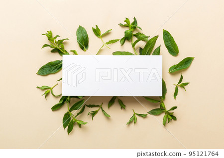 Wreath frame made of empty paper blank with space for text and mint leaves on colored background. . Mint Pattern. Flat lay. Top view 95121764