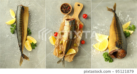 Collage of photos of tasty smoked mackerel 95121879