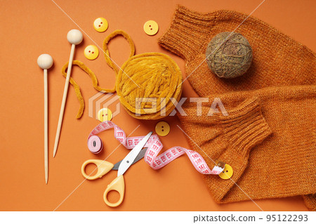 Concept of hobby, cozy hobby, knitting, top view 95122293