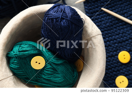 Concept of hobby, cozy hobby, knitting, close up 95122309