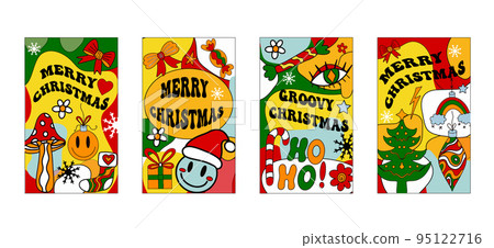 Groovy christmas cards in retro 70s style. Merry christmas and new year psychedelic hippie postcard posters Groovy christmas cards in retro 70s style. Merry christmas and new year psychedelic hippie postcard posters 95122716