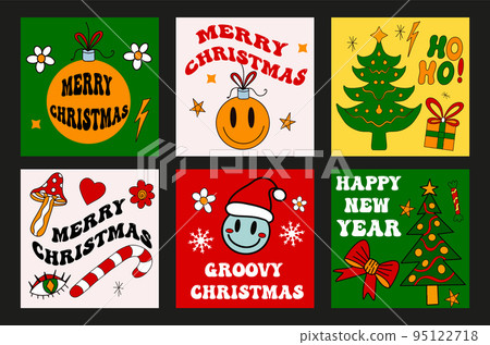Groovy christmas cards in retro 70s style. Merry christmas and new year psychedelic hippie postcard posters Groovy christmas cards in retro 70s style. Merry christmas and new year psychedelic hippie postcard posters 95122718