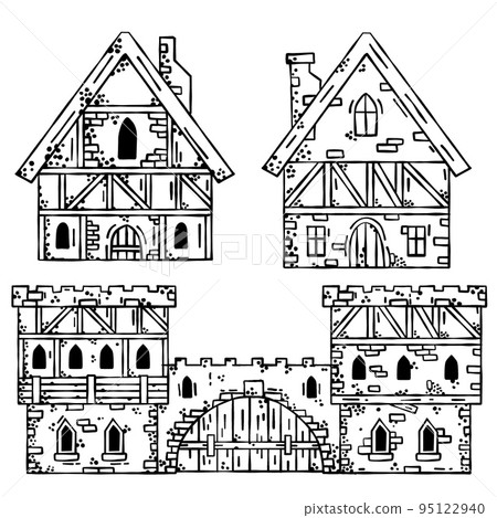 Old medieval castle with gate. European cartoon city. Fairy tale fortress with tower. Wooden German houses and street. Old medieval castle with gate. European cartoon city. Fairy tale fortress with tower. Wooden German houses and street. 95122940