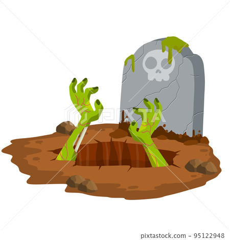 Grave. Hole in brown ground. Green hands of dead zombie. Grave. Hole in brown ground. Green hands of dead zombie. 95122948