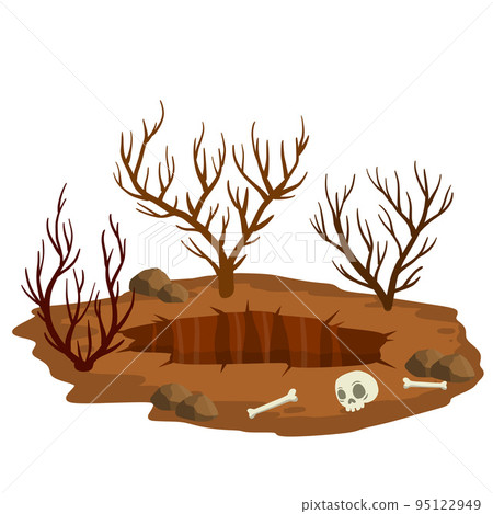 Big hole in ground. Brown dry soil and mine with skull. Human bone. 95122949